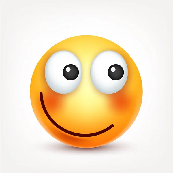 Sorridente, faccina sorridente. Faccia gialla con emozioni. Espressione facciale. 3D emoji realistico. Personaggio divertente dei cartoni animati. Icona web. Illustrazione vettoriale . — Vettoriale Stock
