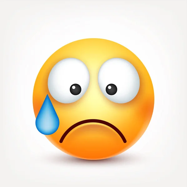 Smiley,sad emoticon with tear. Yellow face with emotions. Facial expression. 3d realistic emoji. Funny cartoon character.Mood. Web icon. Vector illustration. — Stock Vector