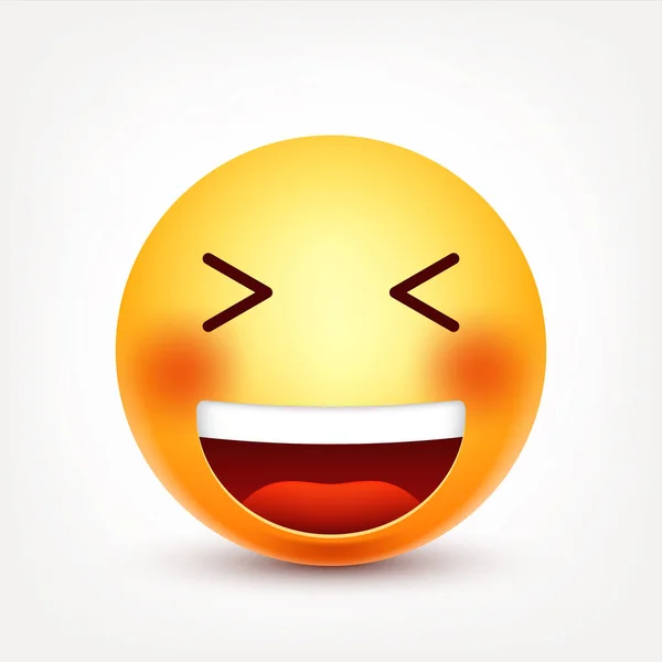 Sorridente, faccina ridente. Faccia gialla con emozioni. Espressione facciale. 3D emoji realistico. Personaggio divertente dei cartoni animati. Icona web. Illustrazione vettoriale . — Vettoriale Stock