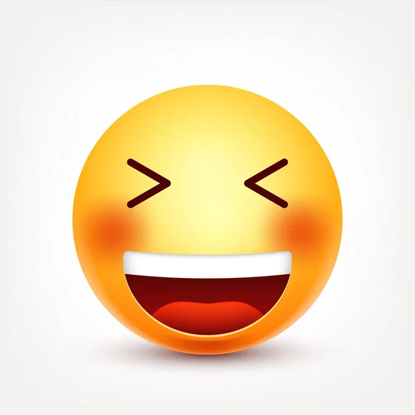 Sorridente, emoticon risonho. Cara amarela com emoções. Expressão facial. 3d emoji realista. Caráter engraçado dos desenhos animados.Humor. Ícone Web. Ilustração vetorial . —  Vetores de Stock