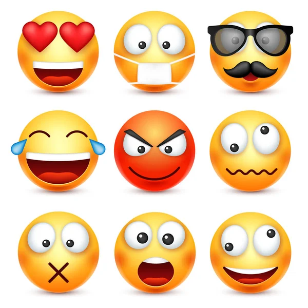 Smiley, uttryckssymbol set. Gula ansikte med känslor. Ansiktsuttryck. 3D realistiska emoji. Ledsen, glad, arga ansikten. Rolig tecknad karaktär. Humör. Web-ikonen. Vektorillustration. — Stock vektor