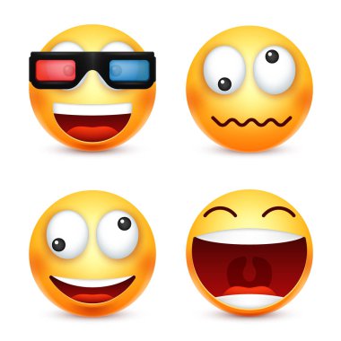 3d gözlük, ifade gülümseyen surat. Sarı yüz duygularla. Yüz ifadesi. 3D gerçekçi emoji. Komik çizgi film karakteri. Ruh hali. Web simgesi. Vektör çizim.