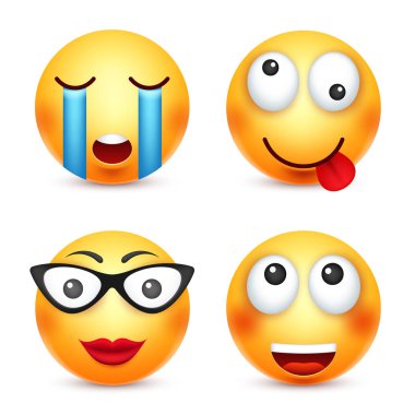 Gülümseyen ifade. Sarı yüz duygularla. Yüz ifadesi. 3D gerçekçi emoji. Komik çizgi film karakteri. Ruh hali. Web simgesi. Vektör çizim.