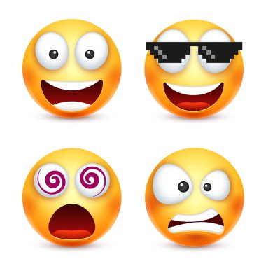 Smiley ifade gülümseyen piksel gözlüklü. Sarı yüz duygularla. Yüz ifadesi. 3D gerçekçi emoji. Komik çizgi film karakteri. Ruh hali. Web simgesi. Vektör çizim.