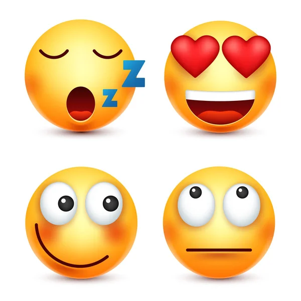 Senyum, emoticon tersenyum. Wajah kuning dengan emosi. Ekspresi wajah. Emoji realistis 3d. Karakteristik kartun lucu. Ikon web. Ilustrasi vektor . - Stok Vektor