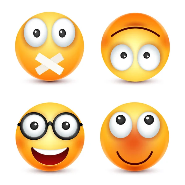 Smiley, émoticône souriant. Visage jaune avec des émotions. Expression faciale. emoji réaliste 3d. Caractère de dessin animé drôle.Mood. Icône Web. Illustration vectorielle . — Image vectorielle