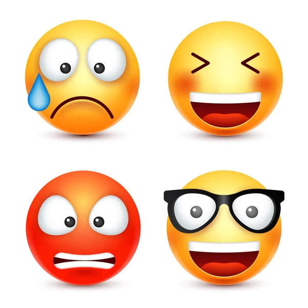 Smiley, emoticon sorridente. Cara amarela com emoções. Expressão facial. 3d emoji realista. Caráter engraçado dos desenhos animados.Humor. Ícone Web. Ilustração vetorial . —  Vetores de Stock