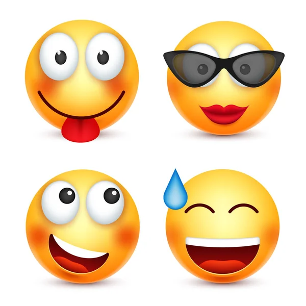 Smiley, émoticône souriant. Visage jaune avec des émotions. Expression faciale. emoji réaliste 3d. Caractère de dessin animé drôle.Mood. Icône Web. Illustration vectorielle . — Image vectorielle