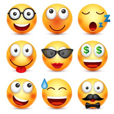 Smiley ifade gülümseyen 3d gözlük ile ayarla. Sarı yüz duygularla. Yüz ifadesi. 3D gerçekçi emoji. Komik çizgi film karakteri. Ruh hali. Web simgesi. Vektör çizim.