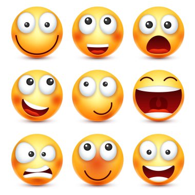 Gülen seti, ifade gülümseyen. Sarı yüz duygularla. Yüz ifadesi. 3D gerçekçi emoji. Komik çizgi film karakteri. Ruh hali. Web simgesi. Vektör çizim.