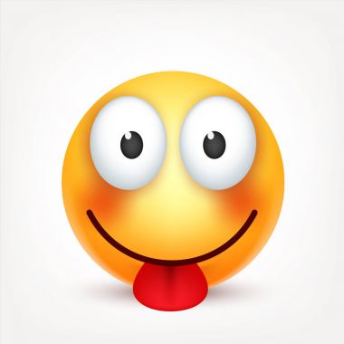 Dilini, ifade gülümseyen surat. Sarı yüz duygularla. Yüz ifadesi. 3D gerçekçi emoji. Komik çizgi film karakteri. Ruh hali. Web simgesi. Vektör çizim.