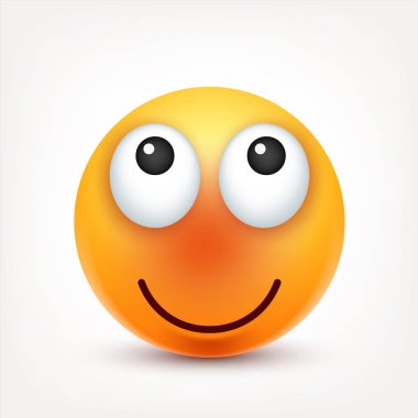 Gülümseyen ifade. Sarı yüz duygularla. Yüz ifadesi. 3D gerçekçi emoji. Komik çizgi film karakteri. Ruh hali. Web simgesi. Vektör çizim.