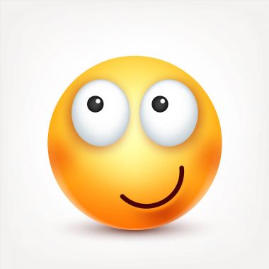 Gülümseyen ifade. Sarı yüz duygularla. Yüz ifadesi. 3D gerçekçi emoji. Komik çizgi film karakteri. Ruh hali. Web simgesi. Vektör çizim.