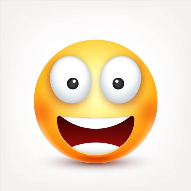 Gülümseyen ifade. Sarı yüz duygularla. Yüz ifadesi. 3D gerçekçi emoji. Komik çizgi film karakteri. Ruh hali. Web simgesi. Vektör çizim.