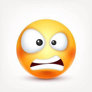 Smiley ifade gülümseyen kızgın. Sarı yüz duygularla. Yüz ifadesi. 3D gerçekçi emoji. Komik çizgi film karakteri. Ruh hali. Web simgesi. Vektör çizim.
