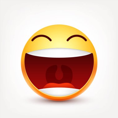 Gülümseyen ifade. Sarı yüz duygularla. Yüz ifadesi. 3D gerçekçi emoji. Komik çizgi film karakteri. Ruh hali. Web simgesi. Vektör çizim.
