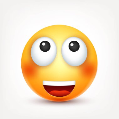 Gülümseyen ifade. Sarı yüz duygularla. Yüz ifadesi. 3D gerçekçi emoji. Komik çizgi film karakteri. Ruh hali. Web simgesi. Vektör çizim.