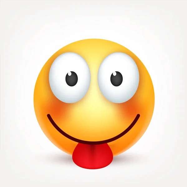 Sourire avec la langue, sourire émoticône. Visage jaune avec des émotions. Expression faciale. emoji réaliste 3d. Caractère de dessin animé drôle.Mood. Icône Web. Illustration vectorielle . — Image vectorielle