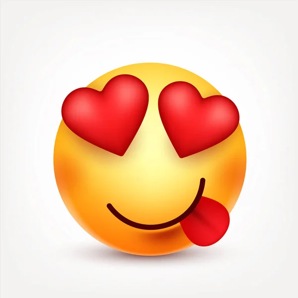 Sorridente con lingua e cuore, faccina sorridente. Faccia gialla con emozioni. Espressione facciale. 3D emoji realistico. Personaggio divertente dei cartoni animati. Icona web. Illustrazione vettoriale . — Vettoriale Stock