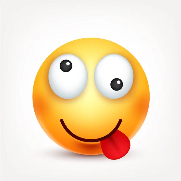 Sorridente com língua, emoticon sorridente. Cara amarela com emoções. Expressão facial. 3d emoji realista. Caráter engraçado dos desenhos animados.Humor. Ícone Web. Ilustração vetorial . — Vetor de Stock