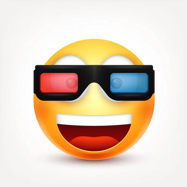 Sorridente con occhiali 3d, emoticon sorridente. Faccia gialla con emozioni. Espressione facciale. 3D emoji realistico. Personaggio divertente dei cartoni animati. Icona web. Illustrazione vettoriale . — Vettoriale Stock