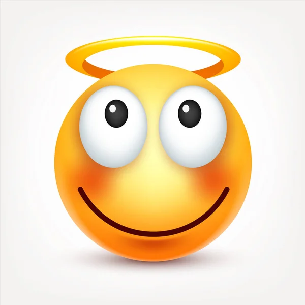 Sonriente, emoticono sonriente. Cara amarilla con emociones. Expresión facial. emoji realista 3d. Personaje divertido de la historieta. Icono web. Ilustración vectorial . — Archivo Imágenes Vectoriales