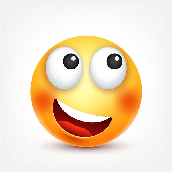 Smiley, lächelndes Emoticon. Gelbes Gesicht mit Emotionen. Gesichtsausdruck. 3D realistische Emojis. witziger cartoon charakter.mood. Web-Symbol. Vektorillustration. — Stockvektor