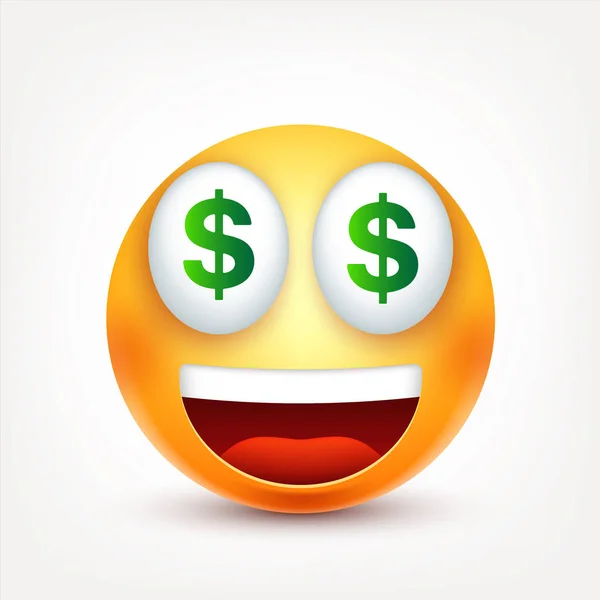 Smiley,dollar,smiling emoticon. Yellow face with emotions. Facial expression. 3d realistic emoji. Funny cartoon character.Mood. Web icon. Vector illustration. — Stock Vector