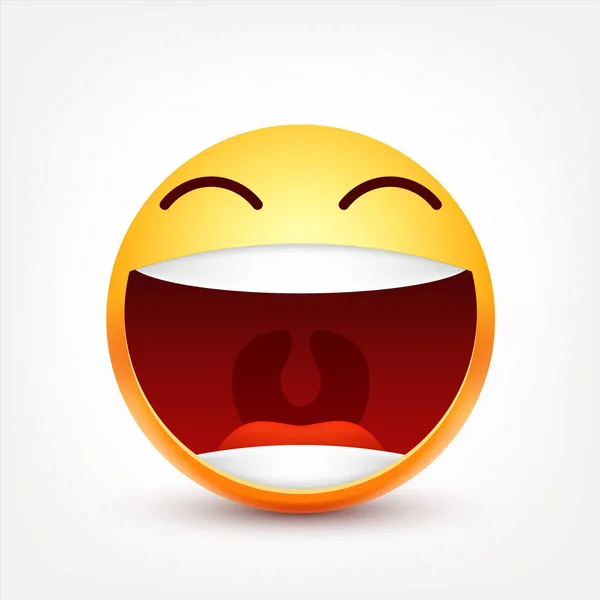 Smiley, emoticon sorridente. Cara amarela com emoções. Expressão facial. 3d emoji realista. Caráter engraçado dos desenhos animados.Humor. Ícone Web. Ilustração vetorial . —  Vetores de Stock