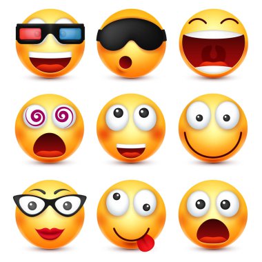 Gözlük, kızgın, üzgün, mutlu ifade gülümseyen surat. Sarı yüz duygularla. Yüz ifadesi. 3D gerçekçi emoji. Komik çizgi film karakteri. Ruh hali. Web simgesi. Vektör çizim.