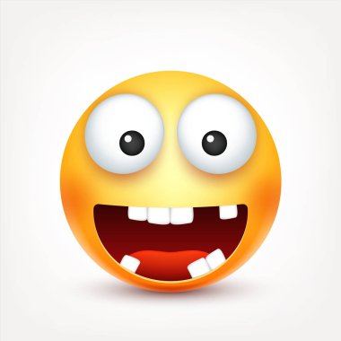 Gülen, gülümseyen, mutlu ifade dişlere sahip. Sarı yüz duygularla. Yüz ifadesi. 3D gerçekçi emoji. Komik çizgi film karakteri. Ruh hali. Web simgesi. Vektör çizim.