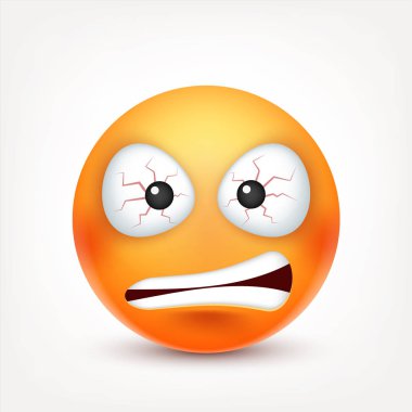 Smiley, kızgın, üzgün, şeytan ifade. Duygu ile Redface. Yüz ifadesi. 3D gerçekçi emoji. Komik çizgi film karakteri. Ruh hali. Web simgesi. Vektör çizim.