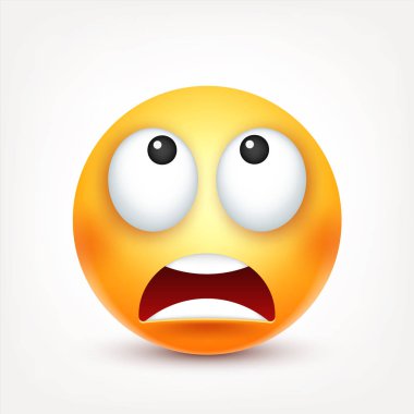 Smiley, üzgün ifade. Sarı yüz duygularla. Yüz ifadesi. 3D gerçekçi emoji. Komik çizgi film karakteri. Ruh hali. Web simgesi. Vektör çizim.