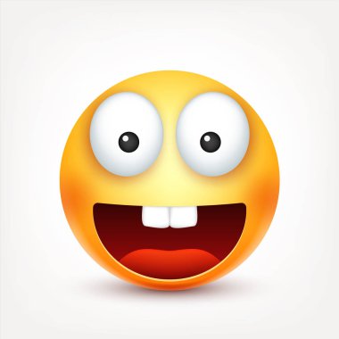 Gülen, gülümseyen, mutlu ifade dişlere sahip. Sarı yüz duygularla. Yüz ifadesi. 3D gerçekçi emoji. Komik çizgi film karakteri. Ruh hali. Web simgesi. Vektör çizim.