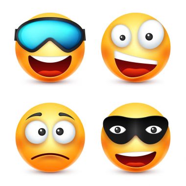 Gülümsemek gülümseyen ifade gözlüklü. Sarı yüz duygularla. Yüz ifadesi. 3D gerçekçi emoji. Komik çizgi film karakteri. Ruh hali. Web simgesi. Vektör çizim.