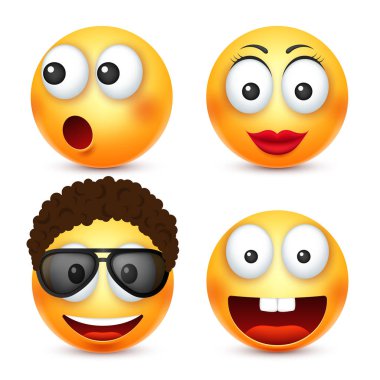 Gülümsemek gülümseyen ifade gözlüklü. Sarı yüz duygularla. Yüz ifadesi. 3D gerçekçi emoji. Komik çizgi film karakteri. Ruh hali. Web simgesi. Vektör çizim.