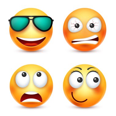Gülümsemek gülümseyen ifade gözlüklü. Sarı yüz duygularla. Yüz ifadesi. 3D gerçekçi emoji. Komik çizgi film karakteri. Ruh hali. Web simgesi. Vektör çizim.