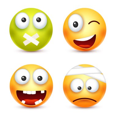 Kızgın, üzgün, mutlu ifade gülümseyen. Sarı yüz duygularla. Yüz ifadesi. 3D gerçekçi emoji. Komik çizgi film karakteri. Ruh hali. Web simgesi. Vektör çizim.