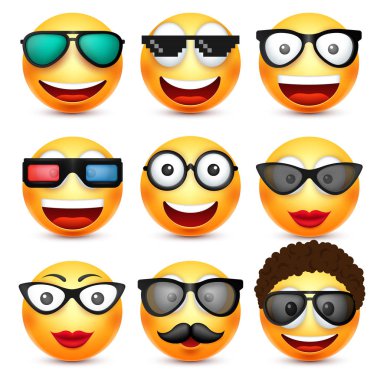 Gülümsemek gülümseyen ifade gözlüklü. Sarı yüz duygularla. Yüz ifadesi. 3D gerçekçi emoji. Komik çizgi film karakteri. Ruh hali. Web simgesi. Vektör çizim.