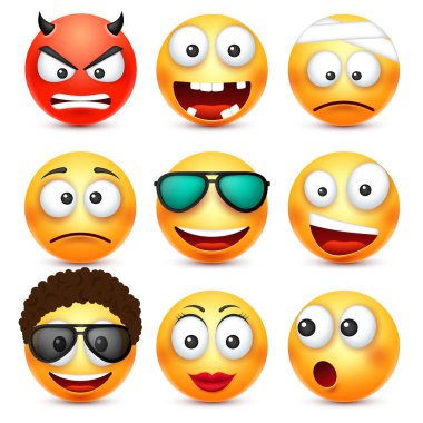 Gözlük, kızgın, üzgün, mutlu ifade gülümseyen surat. Sarı yüz duygularla. Yüz ifadesi. 3D gerçekçi emoji. Komik çizgi film karakteri. Ruh hali. Web simgesi. Vektör çizim.