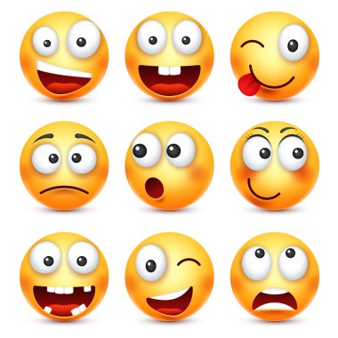 Kızgın, üzgün, mutlu ifade gülümseyen. Sarı yüz duygularla. Yüz ifadesi. 3D gerçekçi emoji. Komik çizgi film karakteri. Ruh hali. Web simgesi. Vektör çizim.
