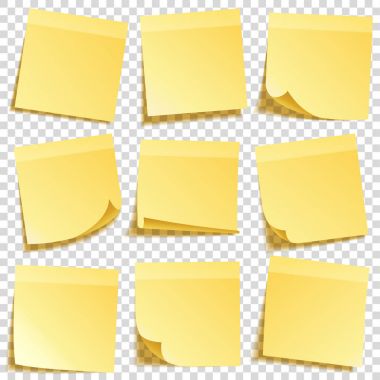 Yapışkan Not şeffaf arka plan sette izole gölge ile. Sarı kağıt. Notepaper iletide. Hatırlatma. Vektör çizim.