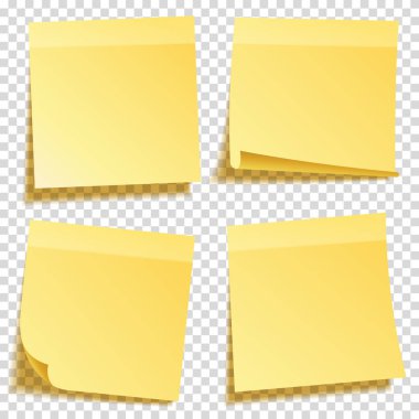 Yapışkan Not şeffaf arka plan sette izole gölge ile. Sarı kağıt. Notepaper iletide. Hatırlatma. Vektör çizim.