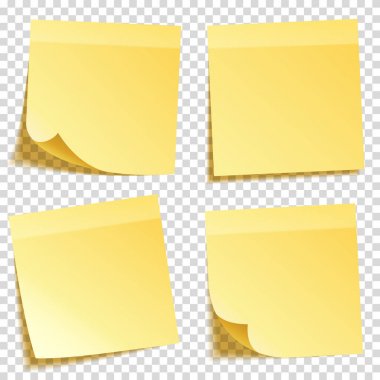 Yapışkan Not şeffaf arka plan sette izole gölge ile. Sarı kağıt. Notepaper iletide. Hatırlatma. Vektör çizim.