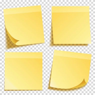 Yapışkan Not şeffaf arka plan sette izole gölge ile. Sarı kağıt. Notepaper iletide. Hatırlatma. Vektör çizim.