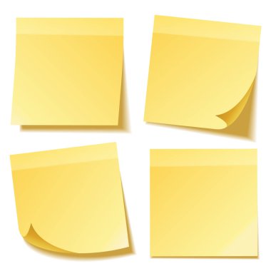 Yapışkan Not şeffaf arka plan sette izole gölge ile. Sarı kağıt. Notepaper iletide. Hatırlatma. Vektör çizim.