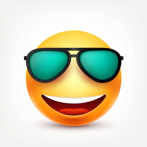 Smiley med glasögon, leende smiley. Gula ansikte med känslor. Ansiktsuttryck. 3D realistiska emoji. Rolig tecknad karaktär. Humör. Web-ikonen. Vektorillustration. — Stock vektor