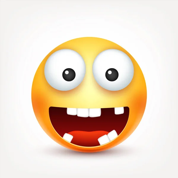 Smiley, sorrindo, emoticon feliz com dentes. Cara amarela com emoções. Expressão facial. 3d emoji realista. Caráter engraçado dos desenhos animados.Humor. Ícone Web. Ilustração vetorial . — Vetor de Stock
