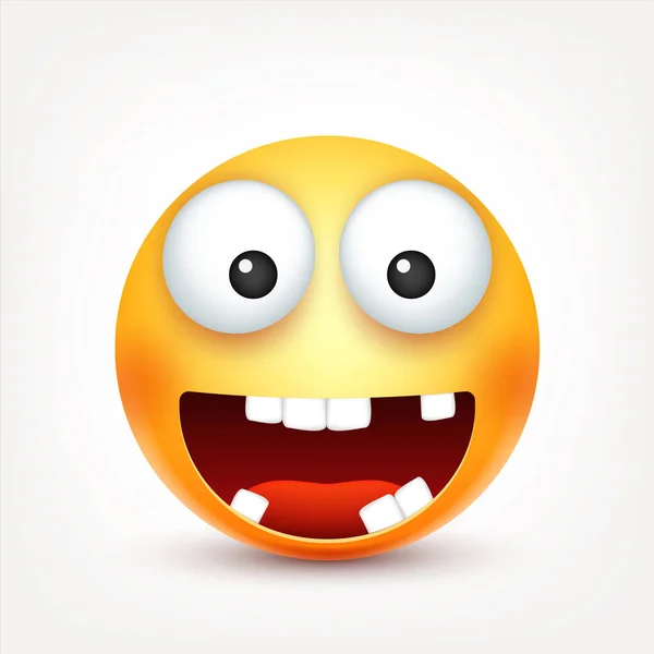 Souriant, souriant, émoticône heureux avec des dents. Visage jaune avec des émotions. Expression faciale. emoji réaliste 3d. Caractère de dessin animé drôle.Mood. Icône Web. Illustration vectorielle . — Image vectorielle