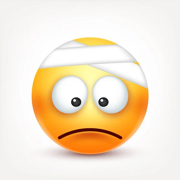 Sorridente, triste emoticon malata. Faccia gialla con emozioni. Espressione facciale. 3D emoji realistico. Personaggio divertente dei cartoni animati. Icona web. Illustrazione vettoriale . — Vettoriale Stock